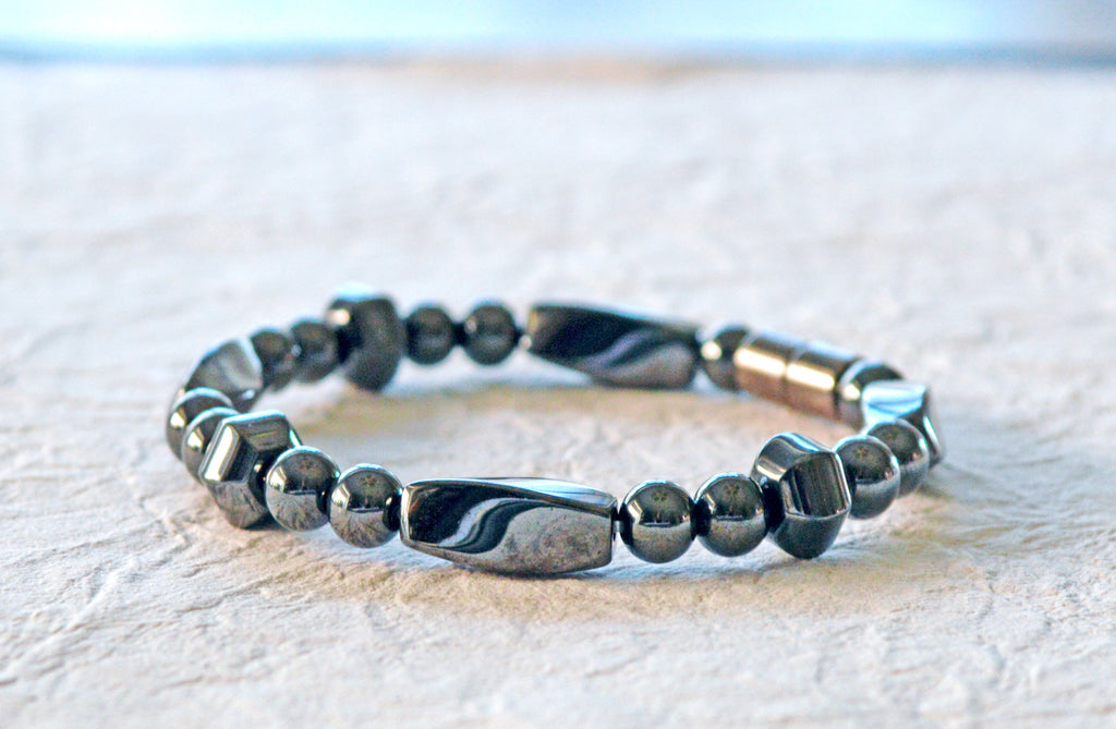 Magnetic bracelet handcrafted with black magnetic hematite beads and secured with a strong and easy-to-use magnetic clasp.