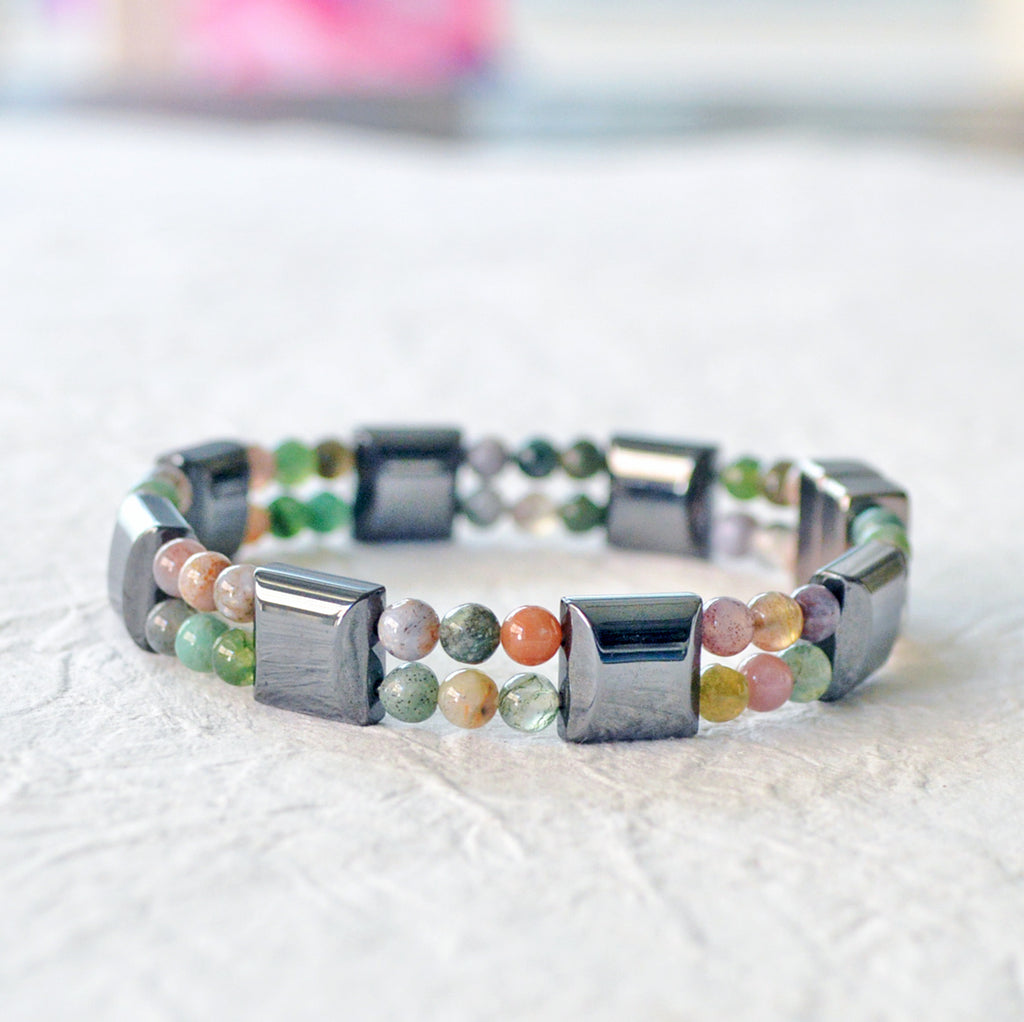 Double strand magnetic bracelet handcrafted with black magnetic hematite and fancy jasper gemstone beads. Secured with a strong and easy-to-use magnetic clasp.