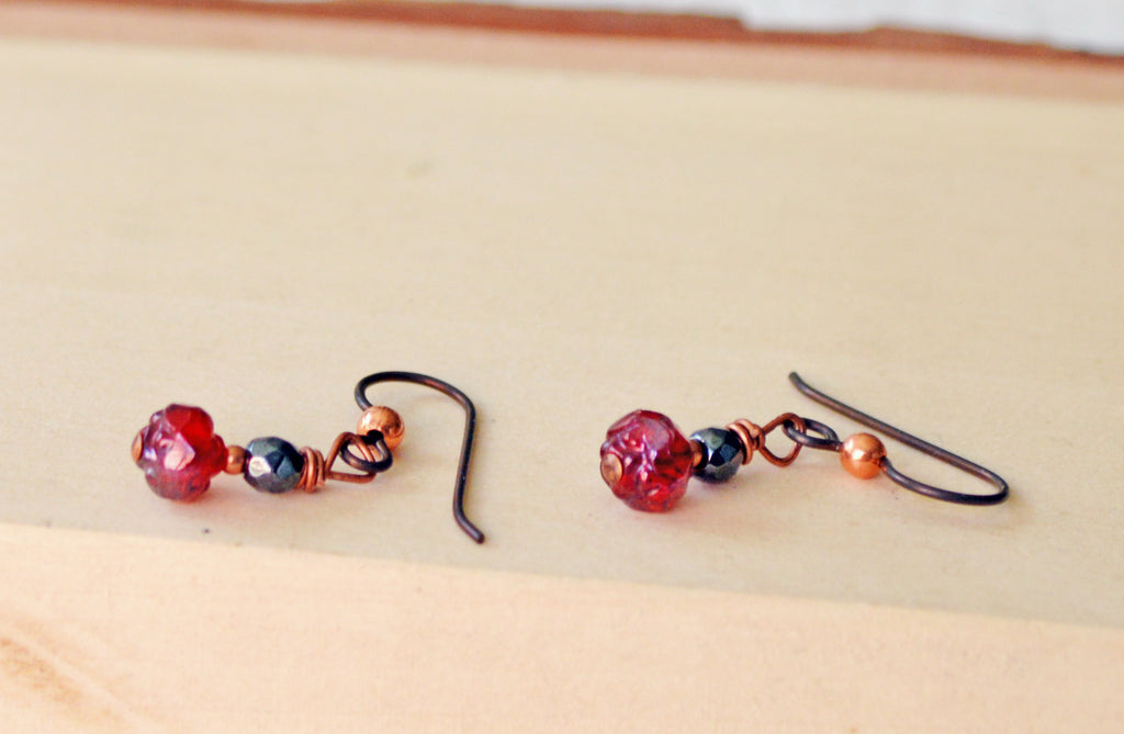 Black Hematite & Red Baroque Czech Glass Magnetic Bead Earrings