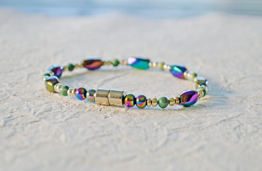 Jewelry :: Bracelets :: Beaded Bracelets :: Rainbow Hematite Bracelet with  Baby Sea Turtles, Magnetic Hematite and Magnetic Clasp