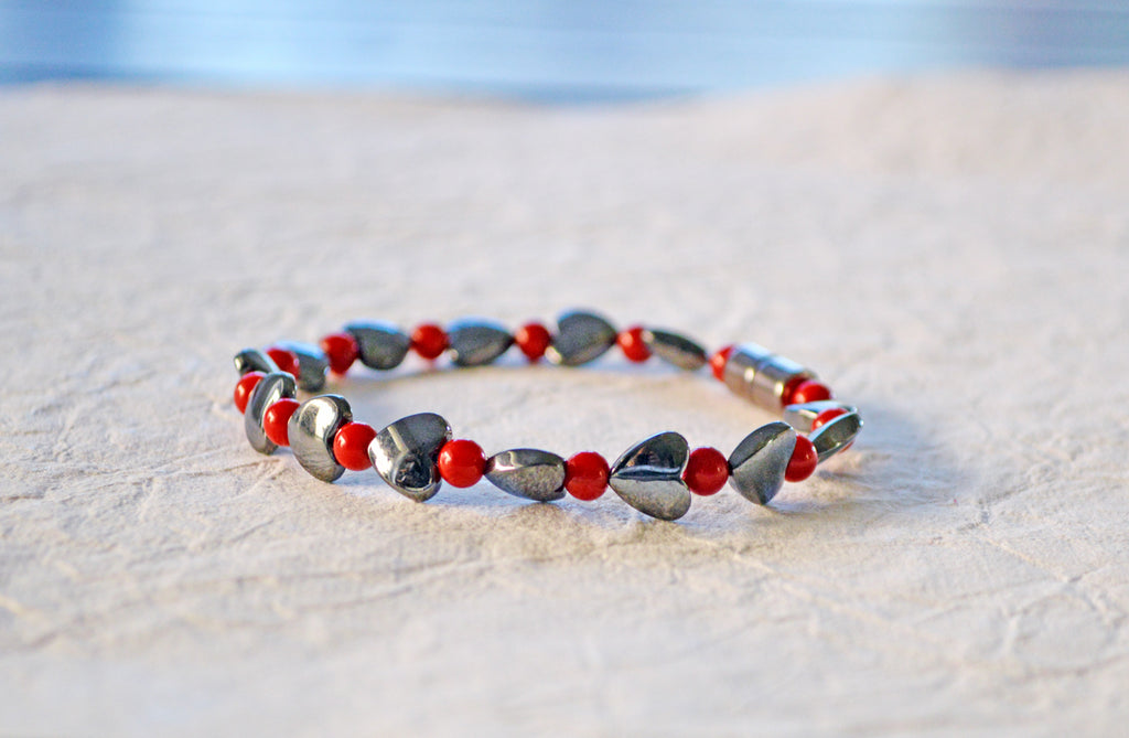 Black Hematite and Red Magnetic Hearts Bracelet