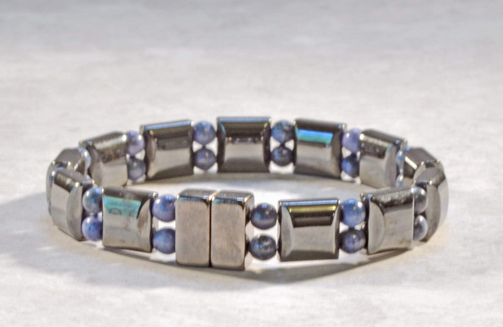 Magnetic bracelet is handcrafted with black magnetic hematite beads and sodalite gemstone beads. It is secured with a strong and easy-to-use magnetic clasp.