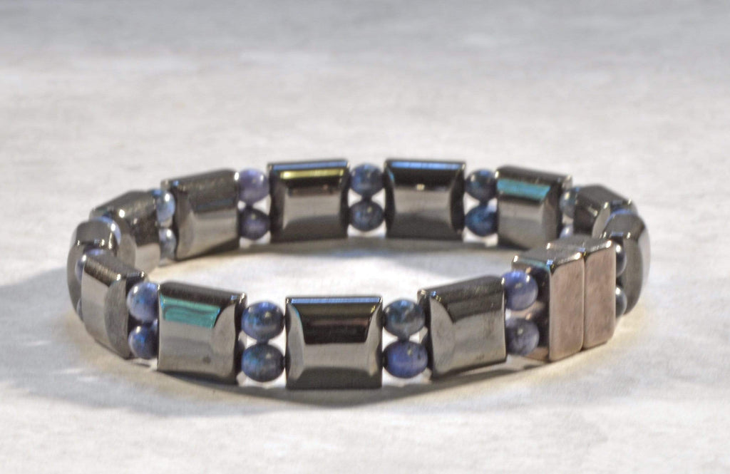 Magnetic bracelet is handcrafted with black magnetic hematite beads and sodalite gemstone beads. It is secured with a strong and easy-to-use magnetic clasp.