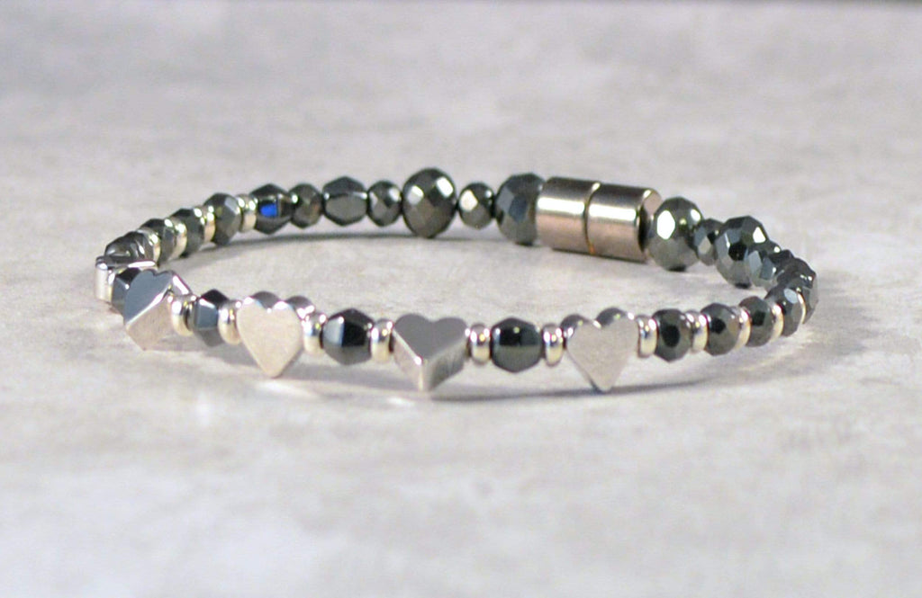 Beads-N-Style Magnetic Therapy Bracelet Magnetic Hematite Therapy Bracelet w/ Silver Hearts