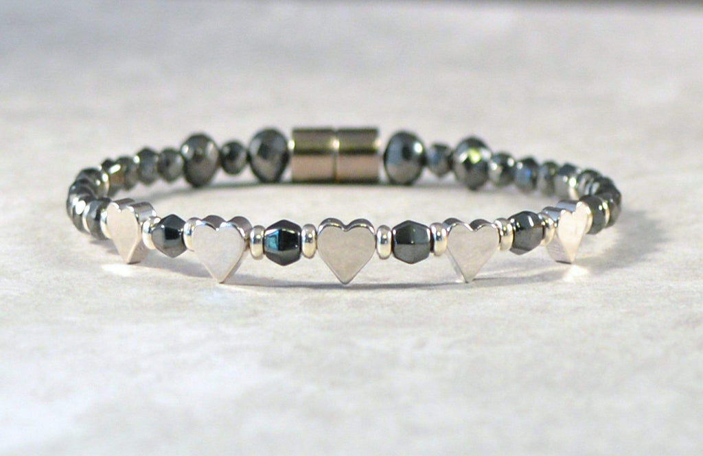 Beads-N-Style Magnetic Therapy Bracelet Magnetic Hematite Therapy Bracelet w/ Silver Hearts