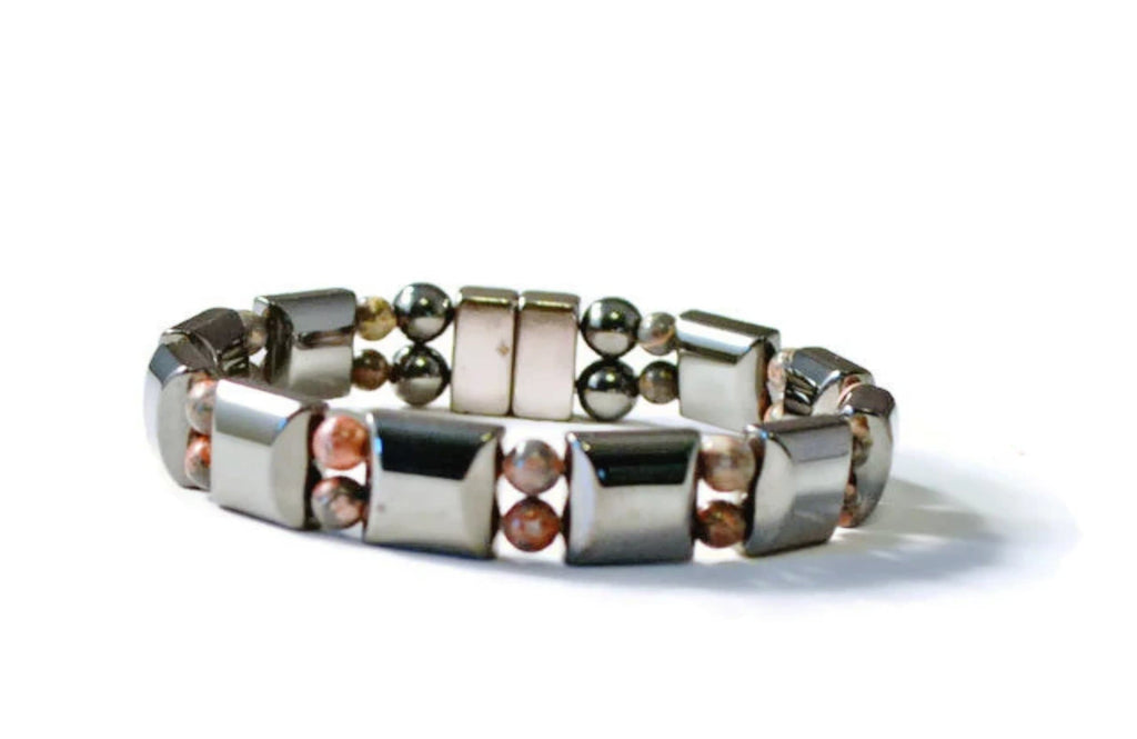Double strand magnetic bracelet with black magnetic hematite and leopard jasper gemstone beads. It is secured with a strong and easy-to-use magnetic clasp.