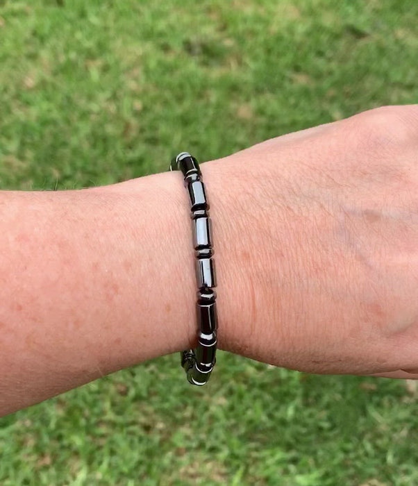 Magnetic bracelet handcrafted with black high power magnetic hematite beads and secured with a strong and easy-to-use magnetic clasp.